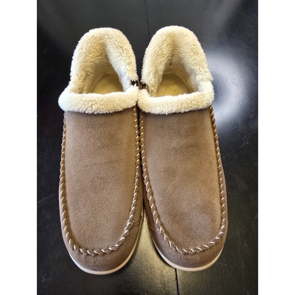 Orthofeet Lorin Women's 10 Wide Camel Suede Fur Lined Hands-Free Slippers 80043